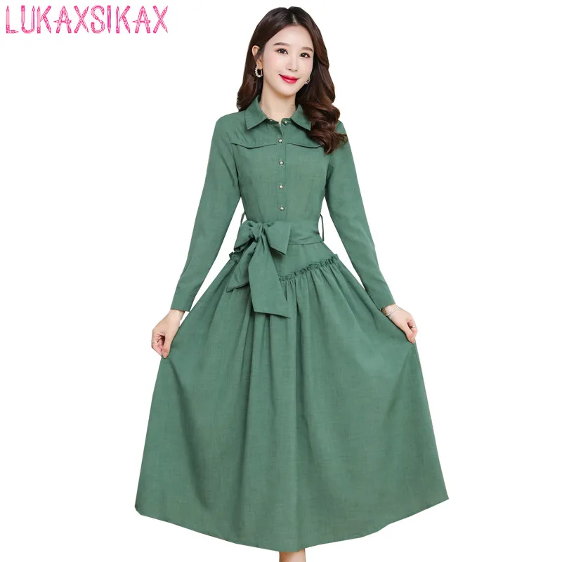 

Новинка сезона весна-осень 2020, женское платье LUKAXSIKAX с длинным рукавом, высококачественное однотонное платье из хлопка и льна, элегантные об...