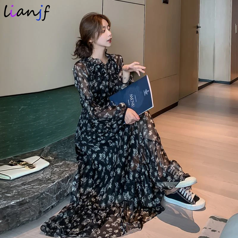 

Spring Summer Thin Section Floral Chiffon Lace Long Dress Vintage Black Boho Long Dresses For Women Fashion Long Sleeve Dresses
