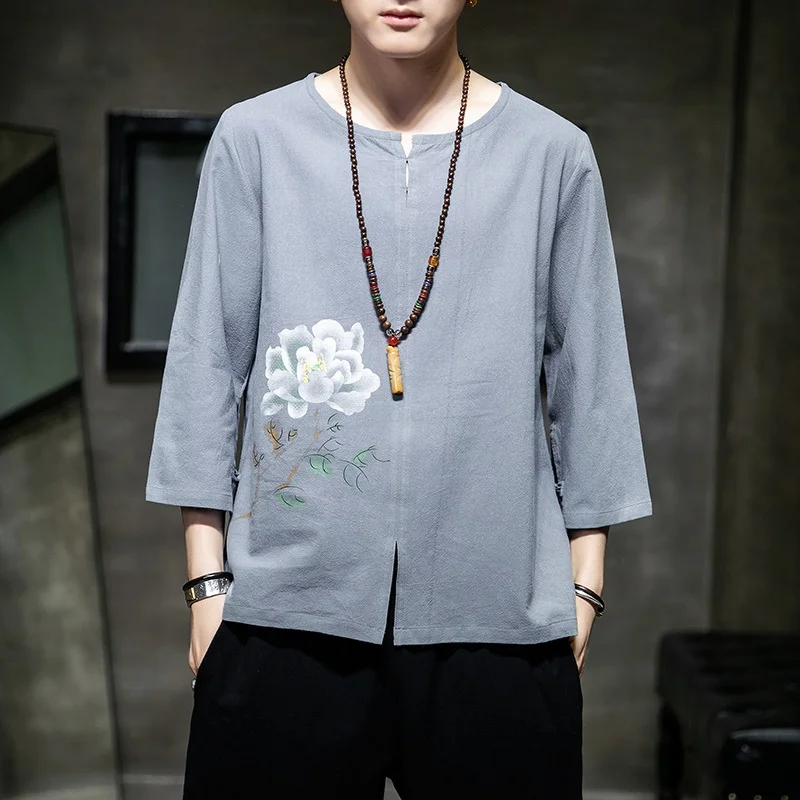 

Summer Chinese Style Linen Shirts Hanfu Oversized Print T-Shirt Men Hip Hop Fashions Tee Streetwear Harajuku T Shirt Male KK3628