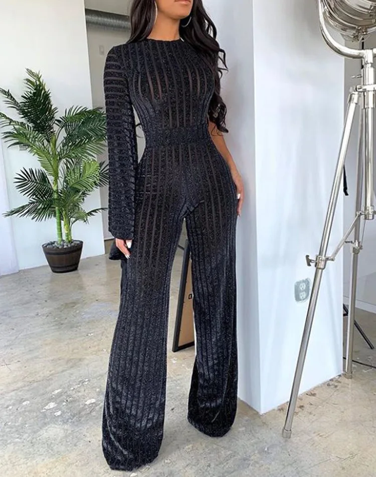 

2019 Fall Black Long Loose Jumpsuits Full Sleeve Casual Plus Size Women Club See Through Sexy Overalls High Waist Wide Legs