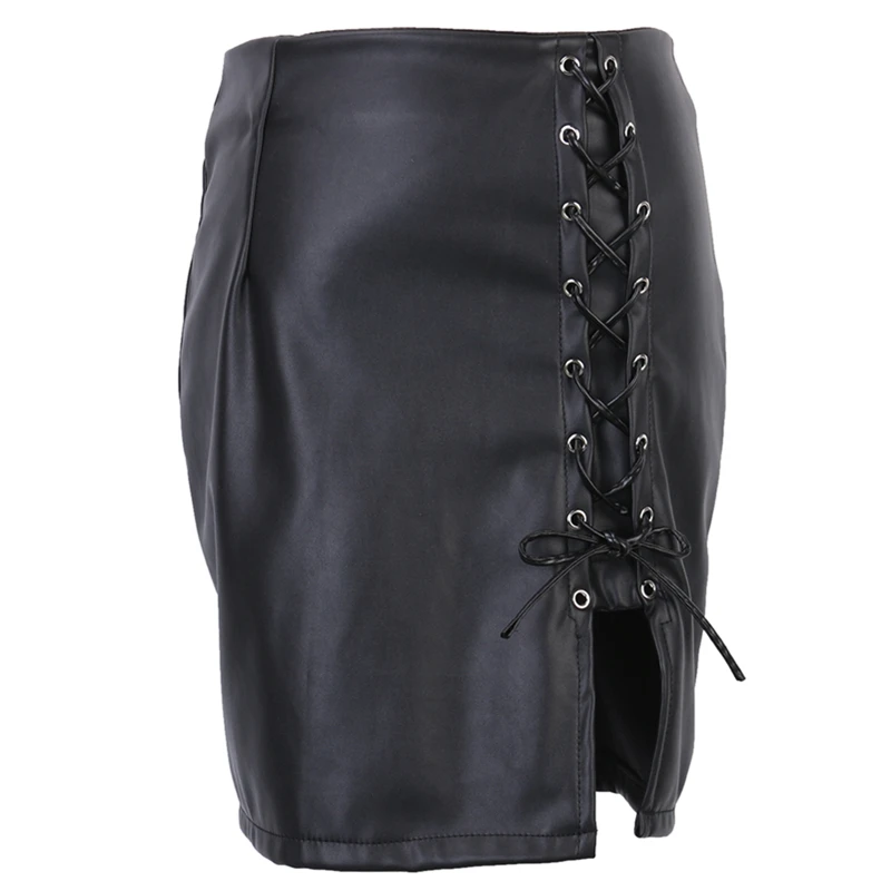 

Women Skirts Bandage Leather Skirt High Waist Pencil Skirts Black Clubwear Ladies High Cut Bodycon Mini Skirt Streetwear