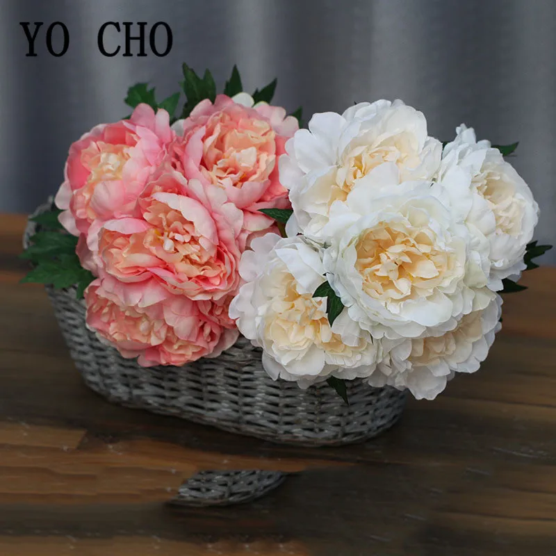 

YO CHO Artificial Silk Peony Flower Bouquet 5 Heads Big Peony Fake Flower Bridesmaids Sister Bouquet Home Party Wedding Decor