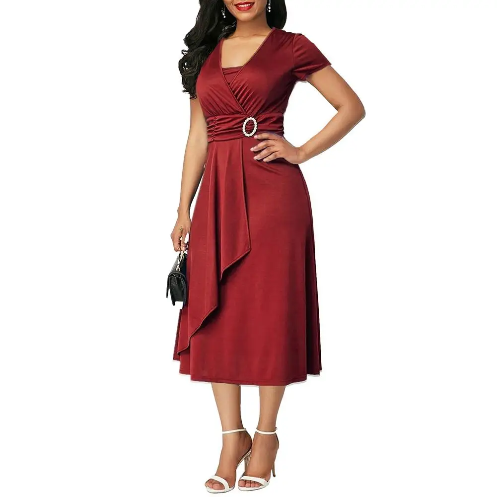 

Summer Dress Women Short Sleeve Autumn V Neck Asymmetric Hem Waist Tight Midi Dress Party