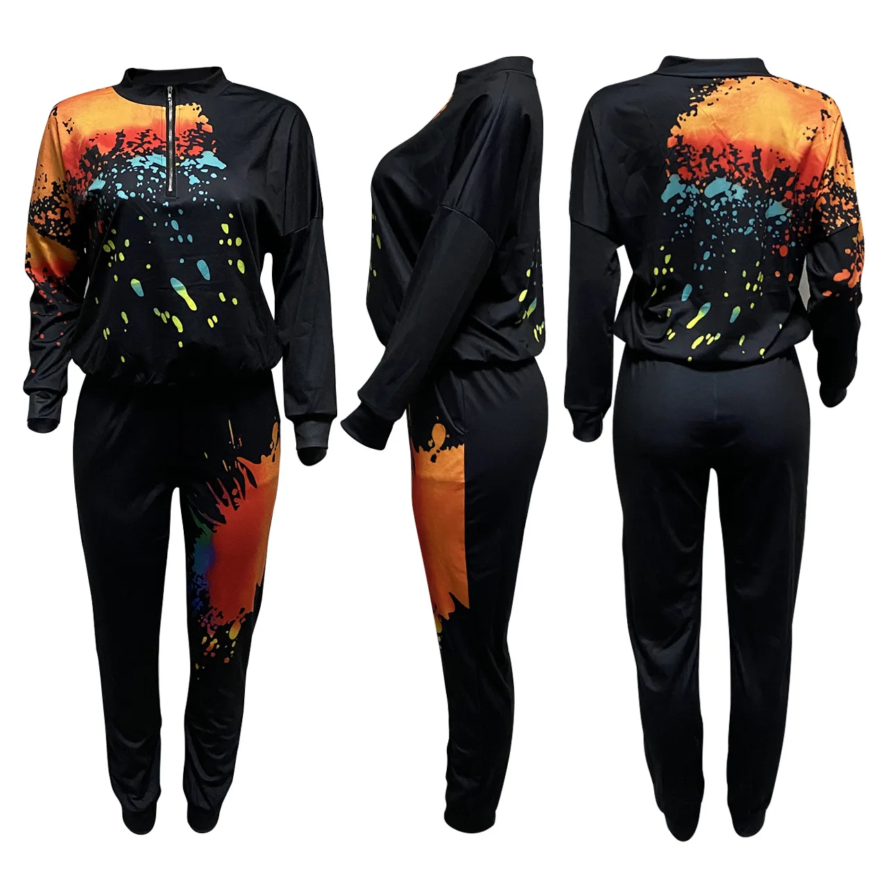 

Solid Color Graffiti Print Long Sleeves Zipper Tops &Trousers New Arrival Autumn Women Suit Hot Selling 2 Pieces Set