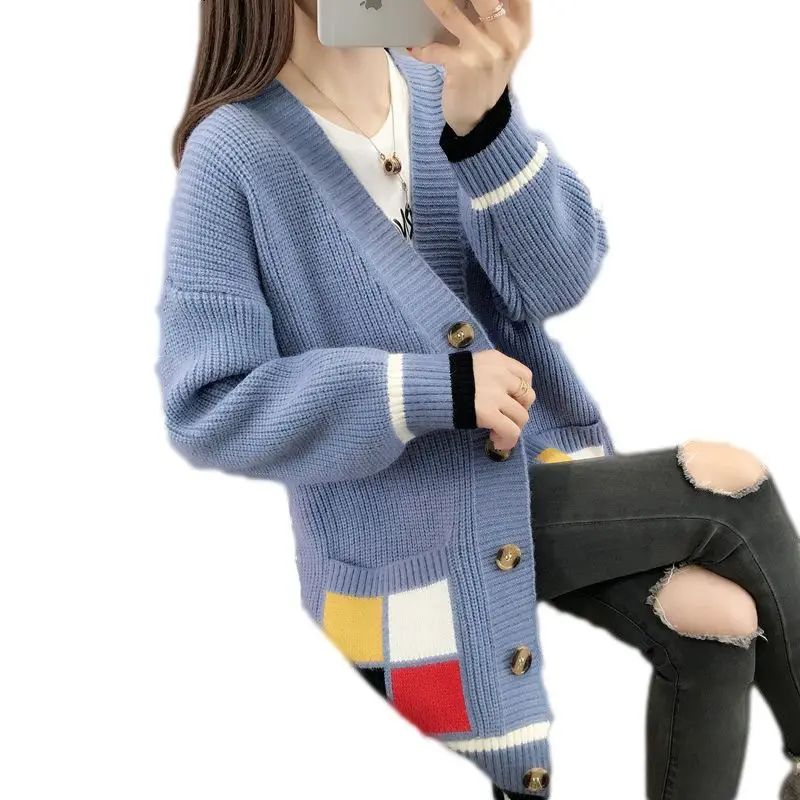 

Autumn And Winter New Mid-Length Knitted Cardigan Women'S Korean Style Lazy Loose Wild Sweater Net Red Jacket