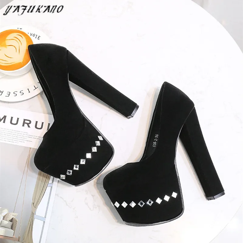 

17Cm Super High Heels Sexy Party Dress Lady Pumps Shiny Rhinestones Platform Women Single Shoes Square Heel Bridesmaid Shoes