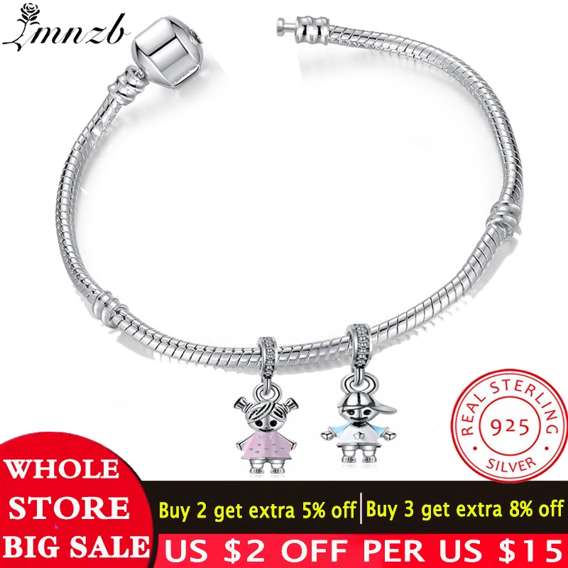LMNZB Original Solid 925 Silver Bracelet with lovers Boy&Girl Charms 3MM Snake Bone Charm Bracelet For Women Gift Jewelry
