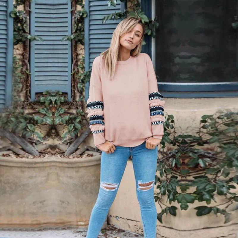 Осенняя модная уличная одежда с длинным рукавом и круглым вырезом женские