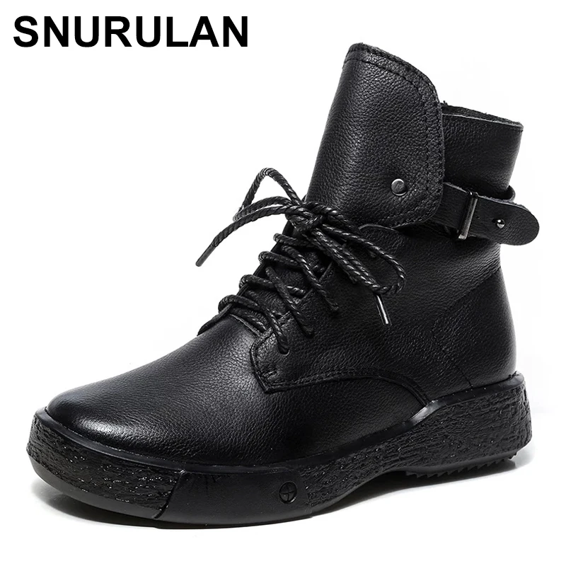 

SNURULANGenuine Leather women's short boots Retro Casual winter womens boots warm boots Belt buckle handmade shoes botas demujer