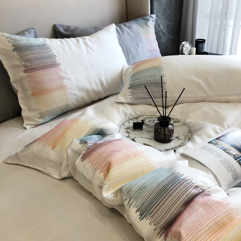 

Lf80 Double-Sided Tencel Gradient Color Four-Piece Set Spring and Summer Embroidered Quilt Affordable Luxury Style Silky Sleep
