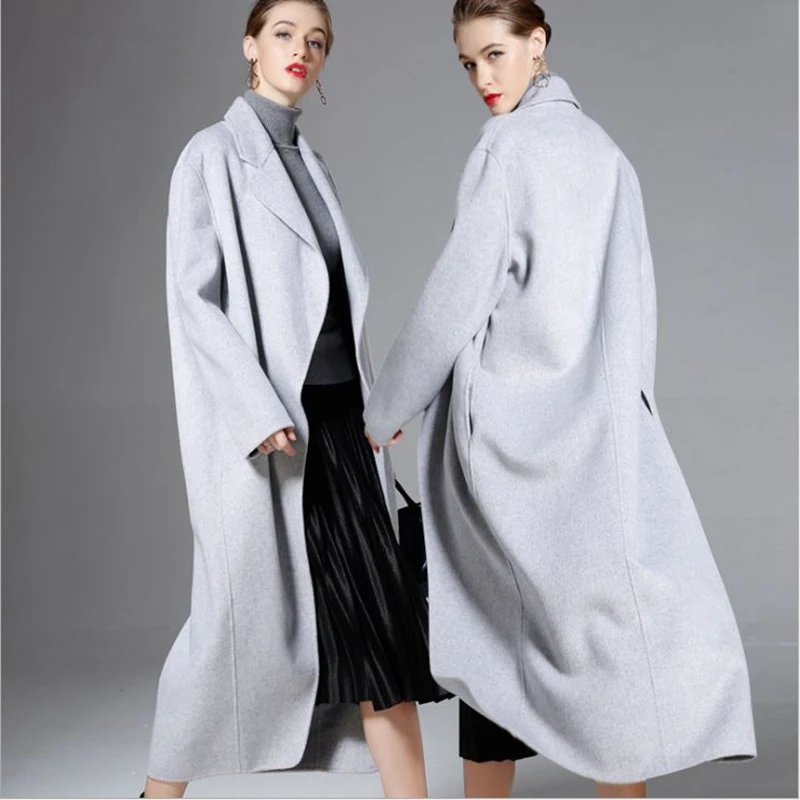 Зимнее шерстяное Новое Женское пальто ручной работы серое кашемировое с двойным