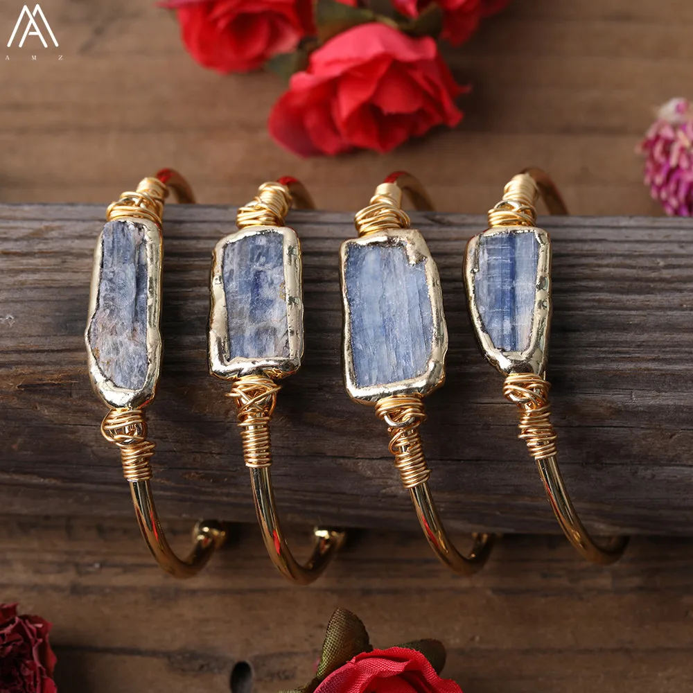 Золотой медный провод обернутый натуральным синим кианитом прямоугольные