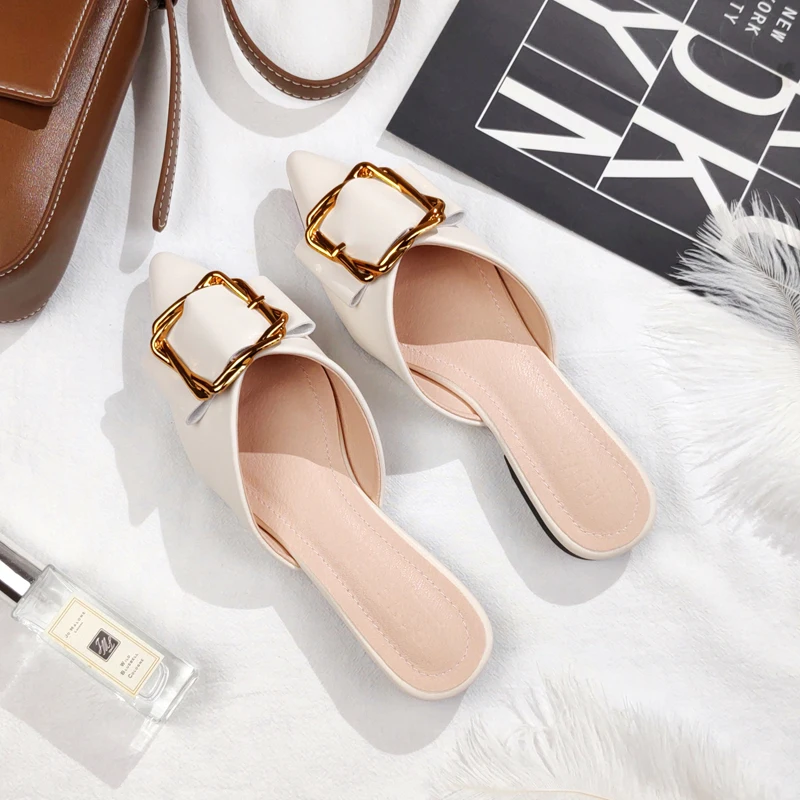 2021 Spring and Summer New Artificial Leather Ladies Pointed Metal Flat Shoes Fashion Trend Designer Slippers Ladies Flat Shoes