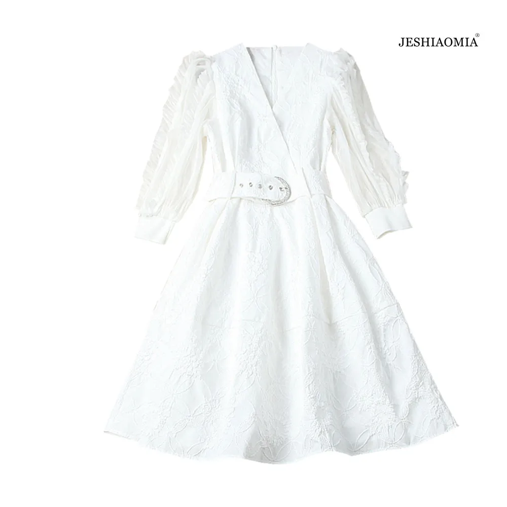 

2021 SPRING V NECK PUFF-SLEEVE BELTED JACQUARD DRESS