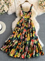 runway design vintage flower print long dress 2022 spring elegant spaghetti strap sleeveless a line dress women clothing m79104