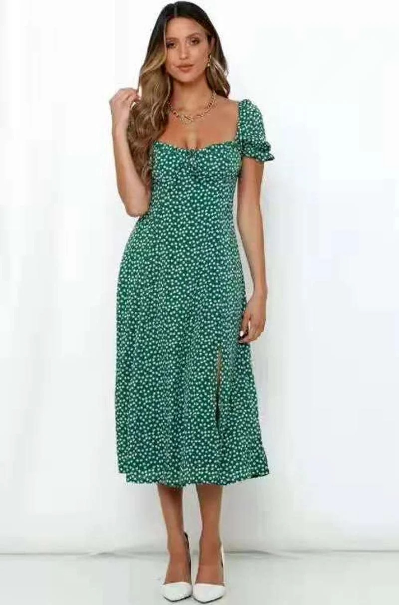 

French Niche Pastoral Lace-up Retro Halter Waist Mid-length Short-sleeved Dress Split Floral Holiday Skirt A364