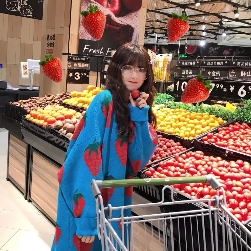 Kawaii розовый свитер длинный участок большого размера клубничный пуловер свитер зима женская корейская версия трикотажа осень теплая новая одежда