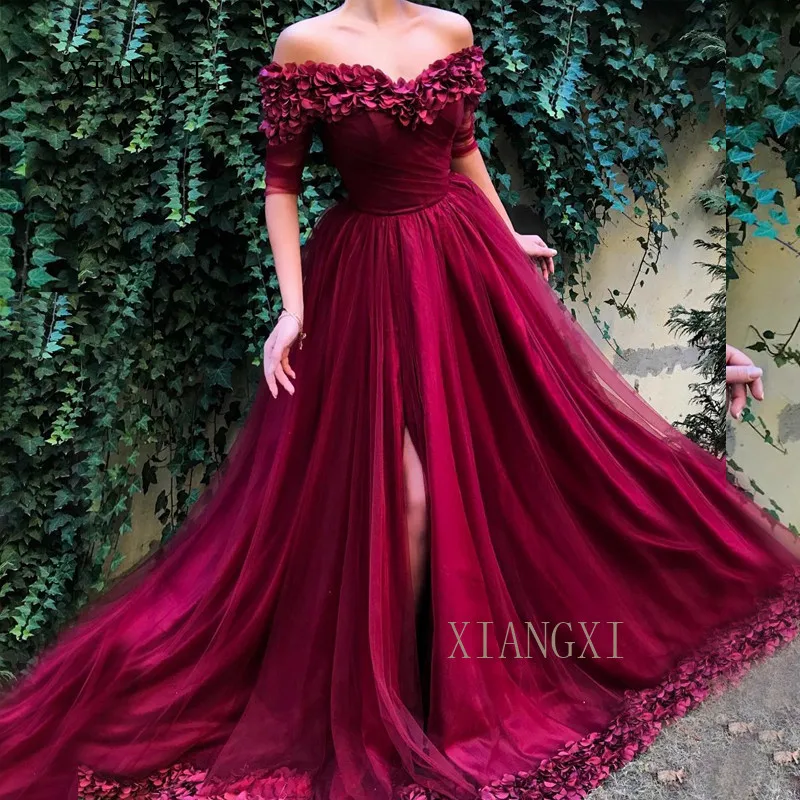 

Hot Sale Burgundy Evening Dresses Long Sheers A-Line Off The Shoulder High Split 3D Muslim Evening Dress Vestido de festa abendk