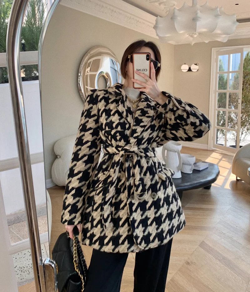 

Houndstooth wool woolen coat women's spring and winter thickening 2021 new waist mid-length cashmere woolen coat