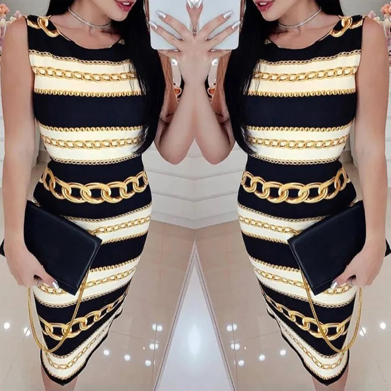 Женское платье без рукавов с круглым вырезом и принтом цепей приталенное миди