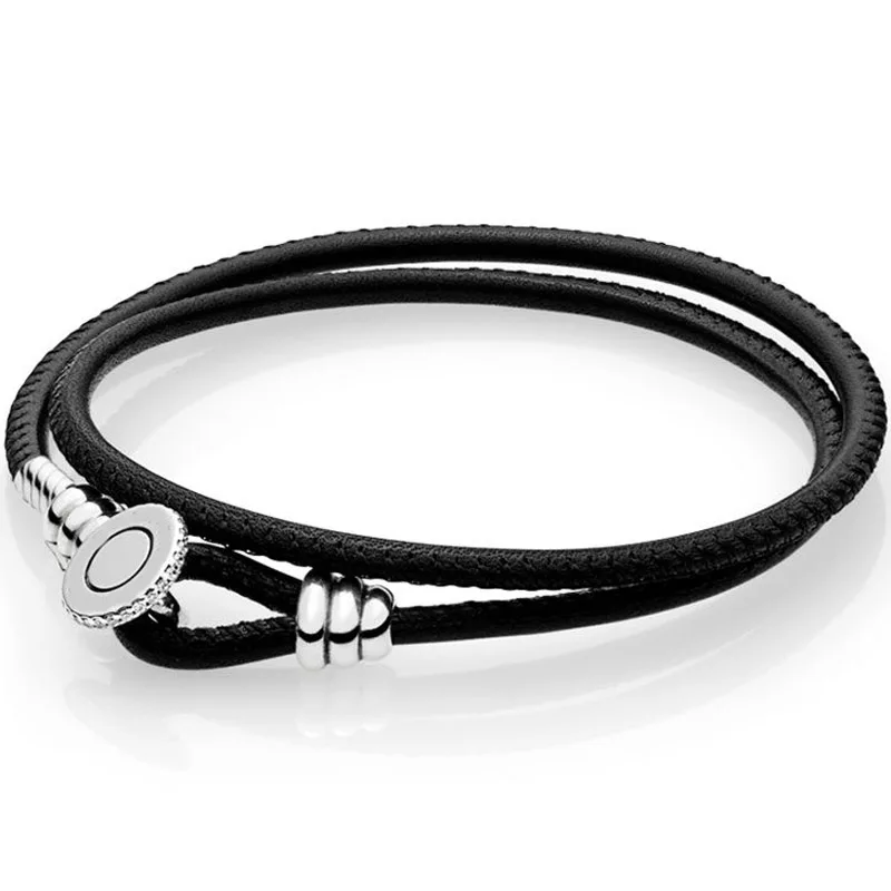 Black 41cm 925 пробы серебряный браслет Многоцветный двойной кожаный с логотипом Кнопка Пряжка для браслета на запястье Fit бисера Шарм Diy Европа ювелирные изделия - Окраска металла: Black 41cm