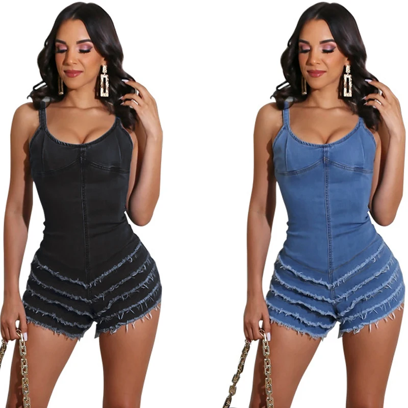 

Streetwear Tassel Denim V-Neck Jumpsuit Lady layer Bodycon Blue Wrap Jumpsuit Women Street Casual Slim Jeans Shorts 2021
