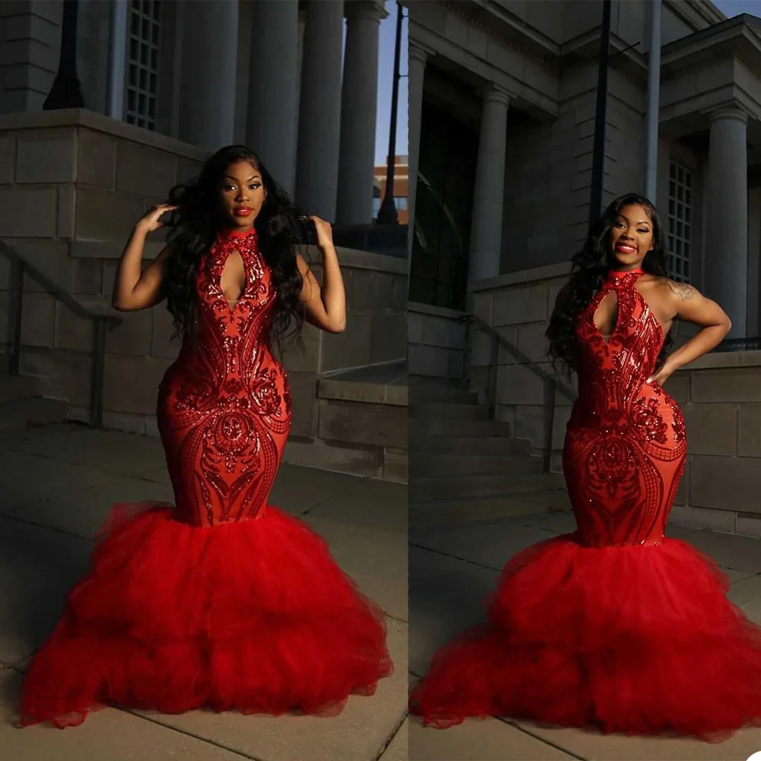 

2021 Red Mermaid Evening Dress Halter Neck Black Girls Prom Gowns Plus Size Lace Sequined Party Second Reception Dresses