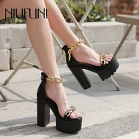 niufuni summer 14cm high heels platform metal chain womens sandals open toe roman pure black women shoes simple casual sandals
