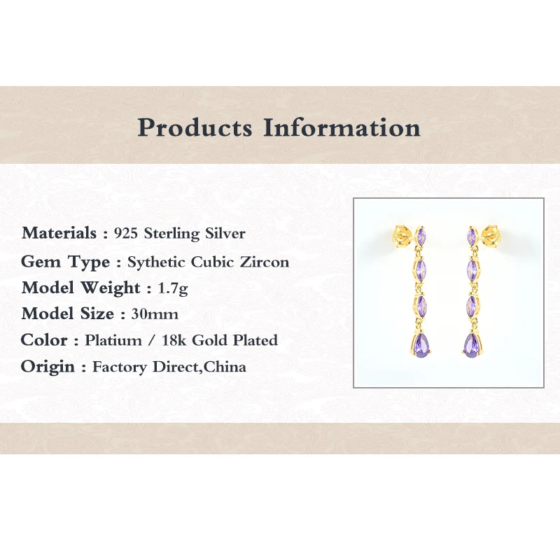 

GS 925 Sterling Silver Purple Red Oval Zircon Long Chain Drop Earrings Women Teardrop Crystal Charm Pendant Dangle Earrings