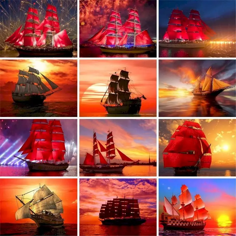 

GATYZTORY Red Sailing Ship Painting By Numbers DIY 60X75cm Wall Art Landscape Paint By Number Canvas Painting Kits Home Decor Gi