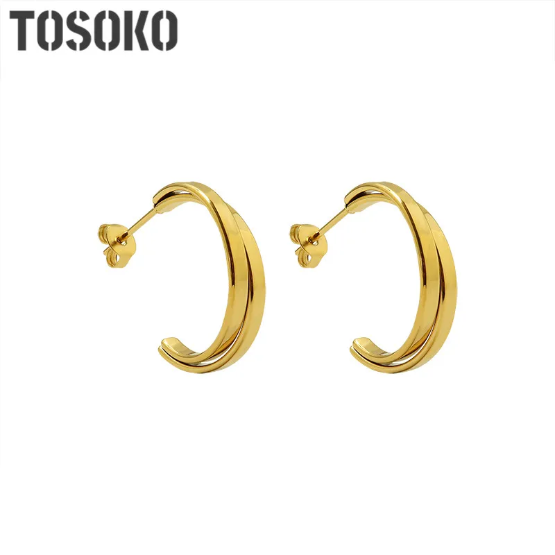 TOSOKO ювелирные изделия из нержавеющей стали двойное кольцо серьги с-образным крестом женские универсальные модные серьги BSF416