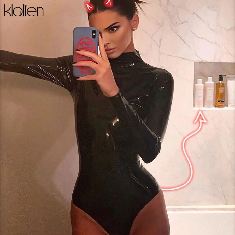 KLALIEN Осеннее Женское боди с длинным рукавом из искусственной кожи сексуальное