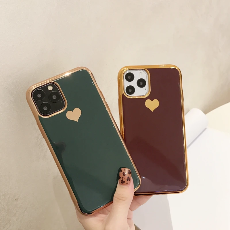 For iPhone 11 Pro XS Max XR 7 8 Plus 6 6s X Midnight Green Plating Love Heart Transparent Soft Silicone TPU Phone Case Cover | Мобильные