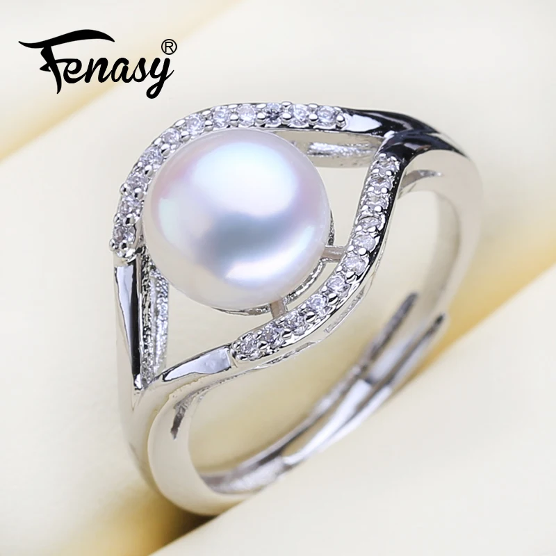 FENASY Natural Freshwater Pearl Rings New Fashion Trendy Zircon Party Silver Color Adjustable For Women Wholesale | Украшения и