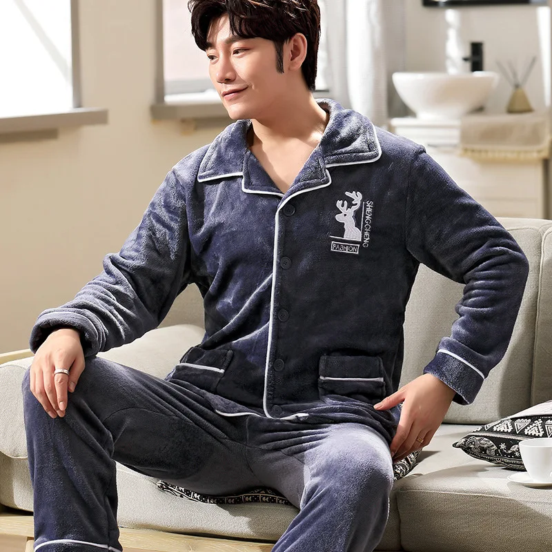 Two Piece Shirt&Pants Lounge Wear Coral Fleece Male Sleepwear Winter Warm Pajamas Set  Soft Flannel Home Clothes Pyjamas