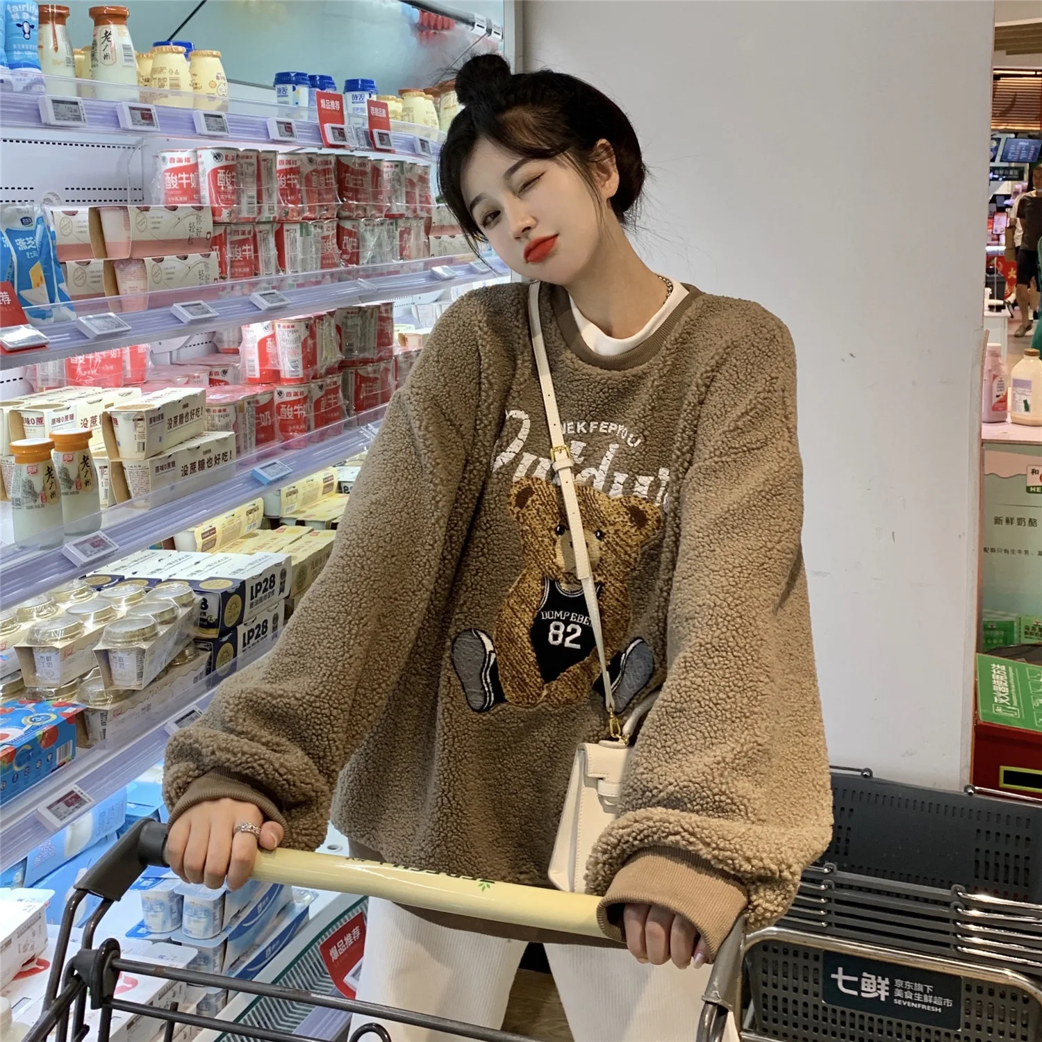 Мужской пуловер с мультяшным медведем Свободный теплый большого размера круглым