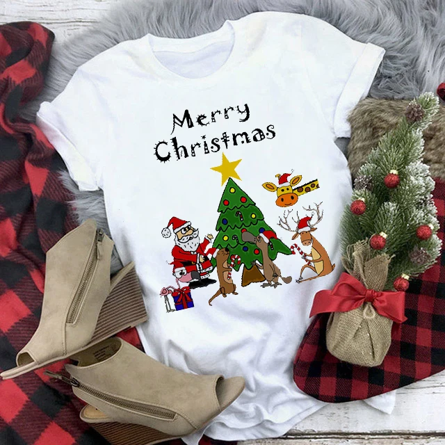 

Топы с коротким рукавом унисекс, футболка с мультяшным Санта-Клаусом, оленем, Счастливого Рождества, футболка для женщин/мужчин, футболка с ...