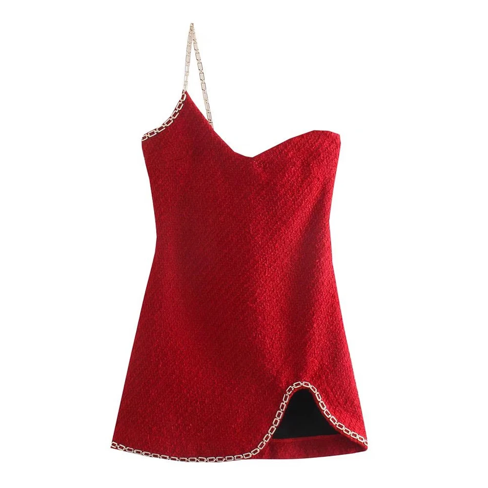 

Женское твидовое мини-платье, винтажное асимметричное платье на тонких бретельках с открытой спиной и молнией, 2021