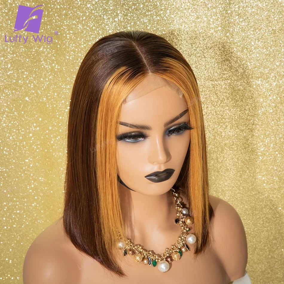 

Highlight Short Straight Bob Human Hair Wig Brazilian Remy Hair 5x5 PU Silk Scalp Top Lace Front Wig Pre Plucked For Women Luffy