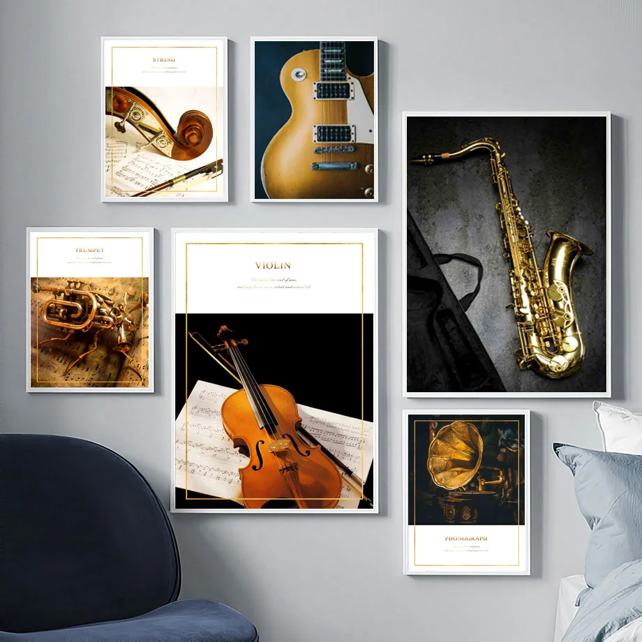 

Violin Guitar Phonograph Saxophone String Wall Art Canvas Painting Nordic Posters And Prints Wall Pictures For Living Room Decor