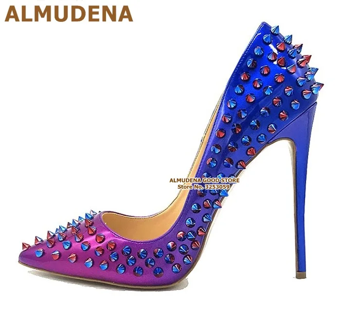12cm heel as picture ALMUDENA/туфли-лодочки с заклепками на каблуке 12 см, 10 см, 8 см модельные туфли с острым носком на шпильке дизайнерская Свадебная обувь с закрытым носком размеры 45 - Цвет: 12cm heel as picture