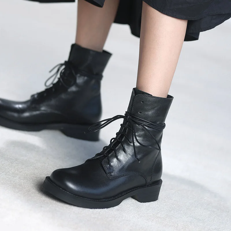 Murah Sepatu Bot Wanita Kulit Sapi Asli Mordoan Sepatu Bot Pendek Bertali Ujung Bundar Wanita Sepatu Bot Flat Hak Tebal Wanita Gaya Inggris