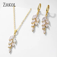 zakol cubic zirconia leaf hook earrings necklace set for women elegant bridal wedding party jewelry dress poland style new