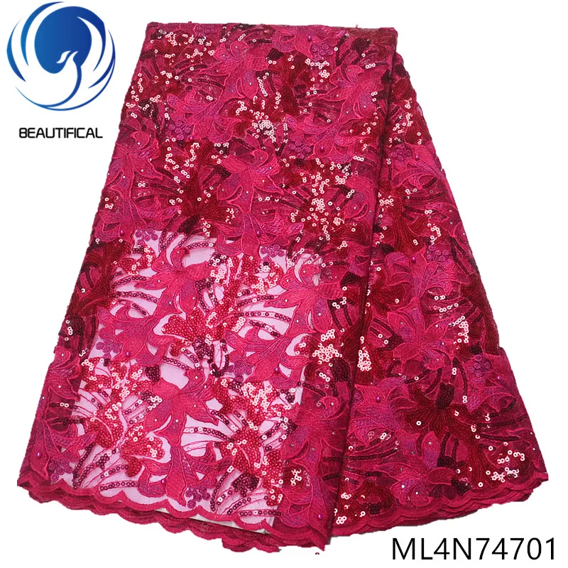 

BEAUTIFICAL nigerian lace fabrics embroidery sequins tulle lace fabric with beads New arrival red african lace stones ML4N747