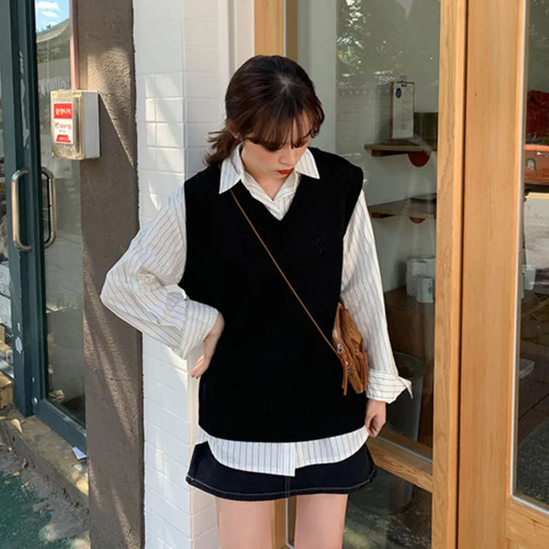 8 colors 2021 japanese preppy style embroidery sleeveless v neck knitted loose vest sweaters womens (X1135) | Женская одежда
