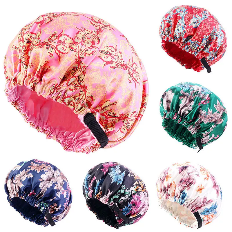 

Newest Women Shower Cap Double-layer Satin Printed Shower Hair Cover Adjustable Night Cap Waterproof Bath Hat Hood Salon Caps