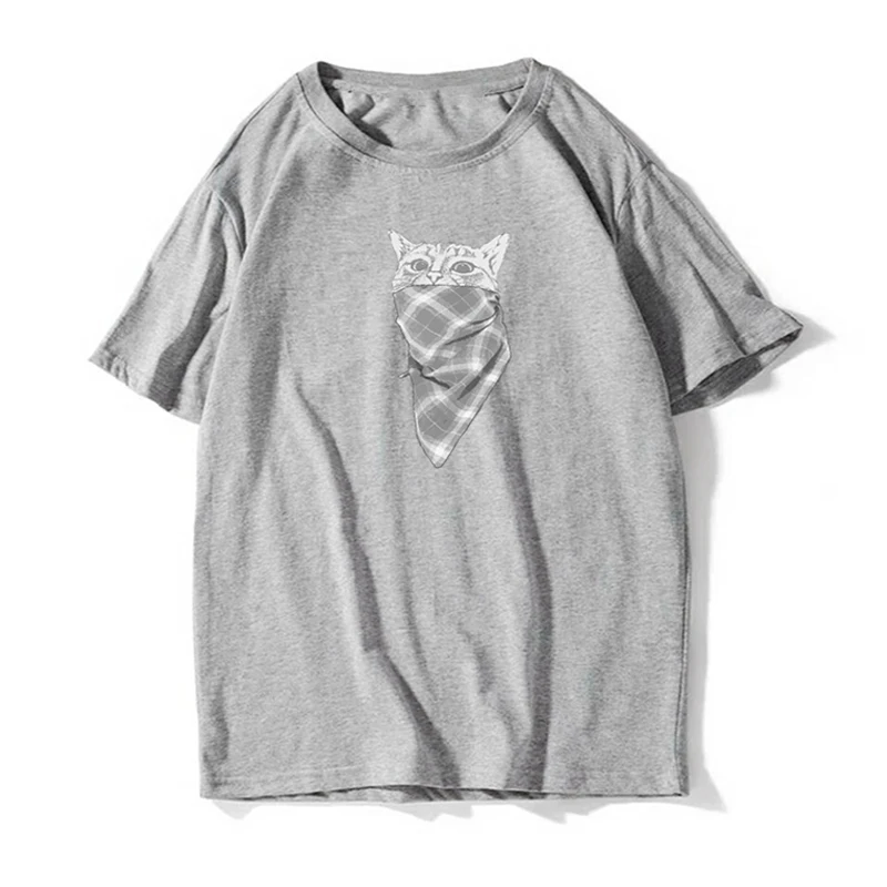 2019 летняя футболка с забавным принтом кошка в маске Женская свободная коротким