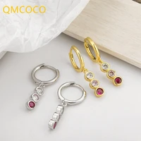 qmcoco simple silver color eardrop fashion temperament korean women red zircon round earrings girl wedding jewelry gifts