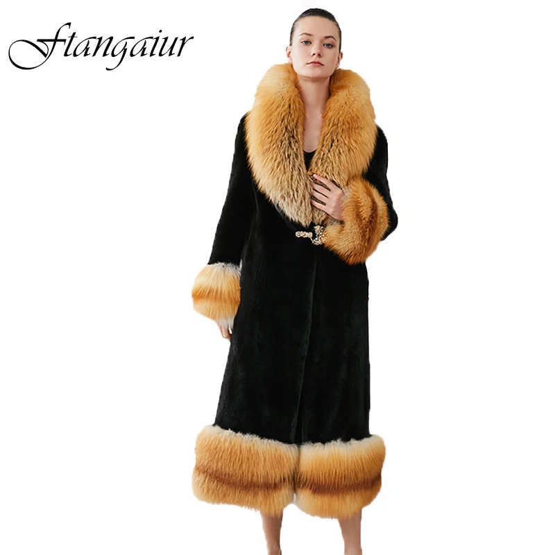 

Ftangaiur New Winter Import Velvet Mink Fur Coat With Fox Fur Collar Sleeve Mink Coat Women X-Long Natural Real Mink Fur Coats