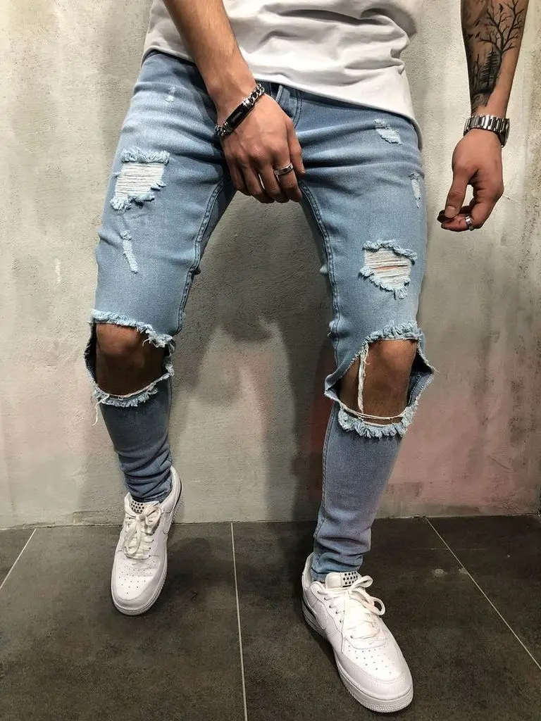 

Wimilous New Men's Jeans Trendy Elastic Knee Holes and Small Feet Stretch Jeans